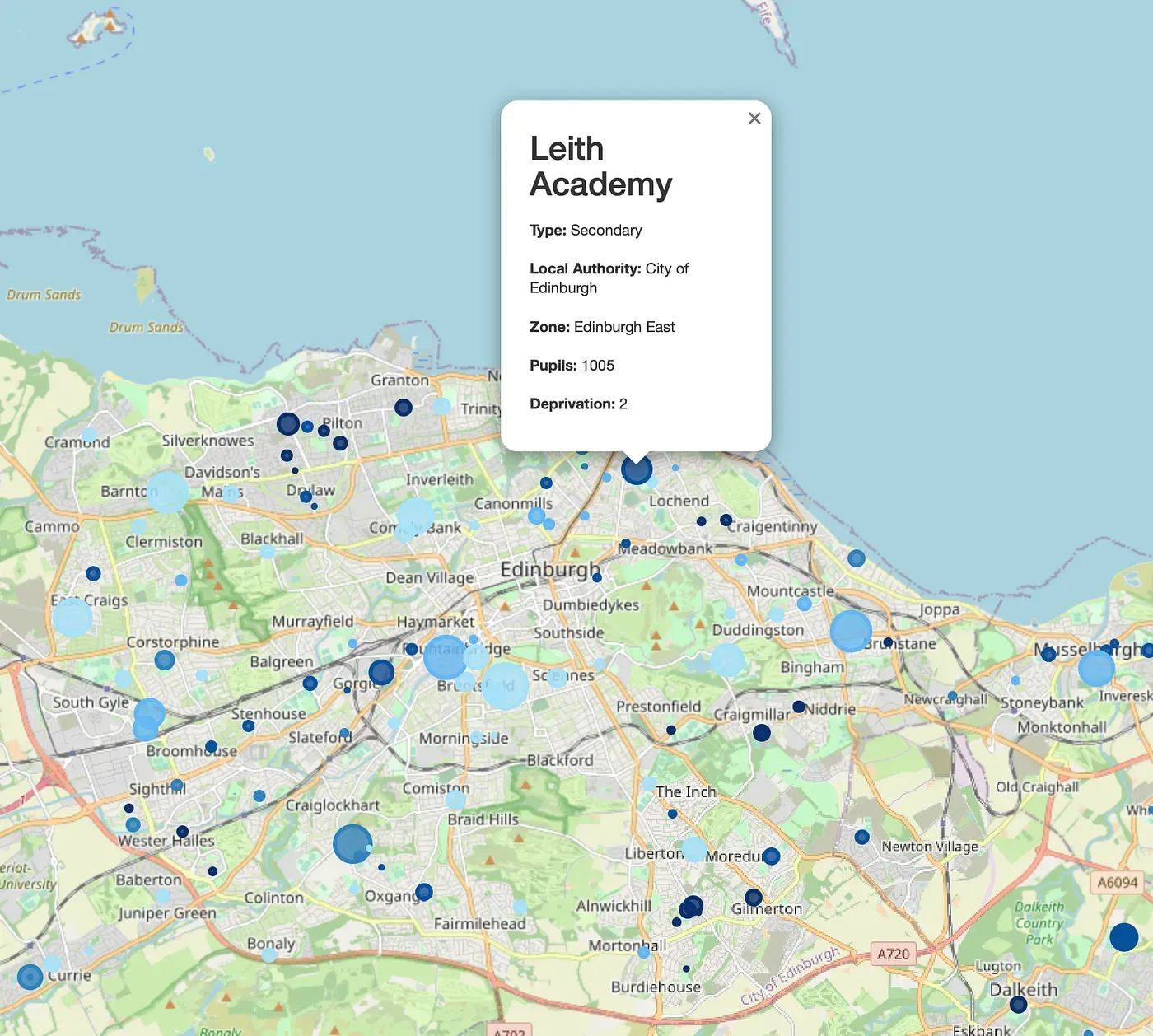 Image 2: A pop-up information menu of Leith Academy (screenshot from the HTML-based app)